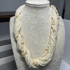 VTG Multi Strand Faux Pearls & White Glass Beads Necklace 22"